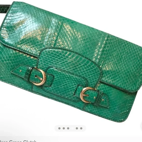 Cole Haan Emerald Green Snakeskin Embossed Leather Buckle Clutch - Picture 4 of 5